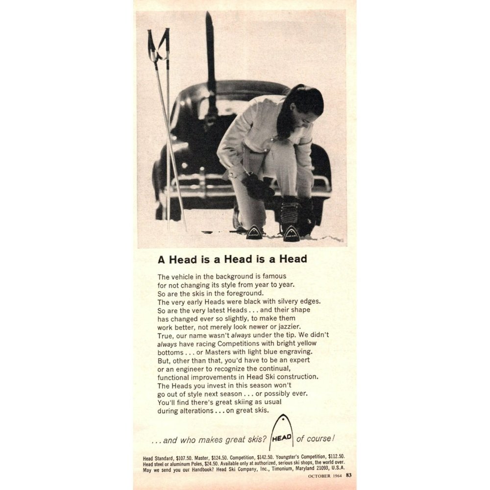 1964 Head Skis Snow Skiing Vintage Print Ad Brunette Ski Bunny Wall Art Photo